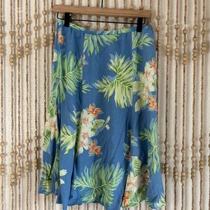Vintage y2k Hawaiian Floral Blue Green Beach Core Boho Midi Stretch Flowy Skirt